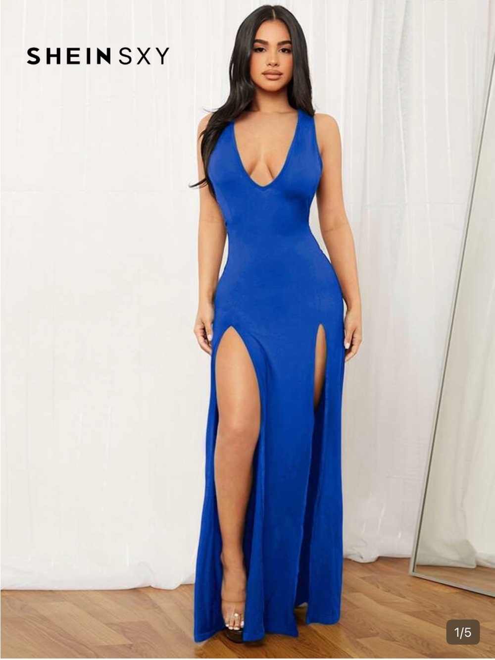 SHEIN Royal Blue Plunge Maxi Dress with Double Thigh Slits size Medium